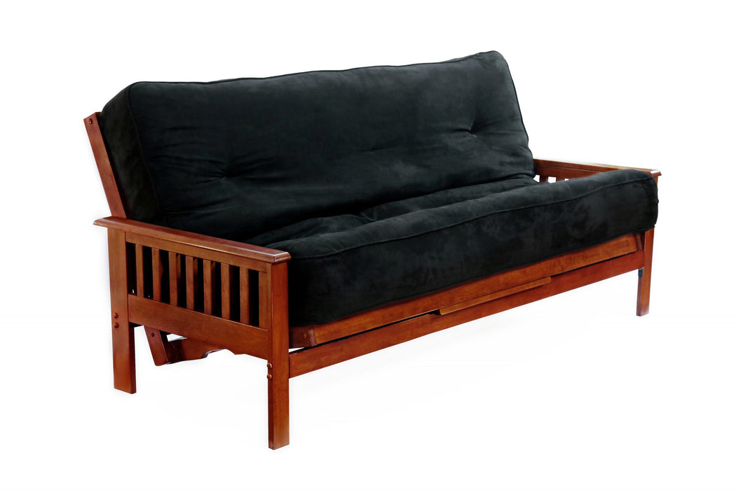 Night & Day Furniture Trinity Moonglider futon frame in cherry finish, showcasing sleek arm design and sturdy construction.