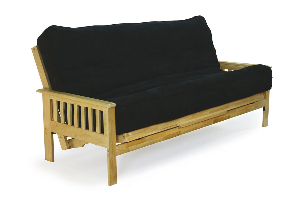 Night & Day Furniture Trinity Moonglider futon frame with natural wooden armrests and sturdy metal support, shown in a natural finish.