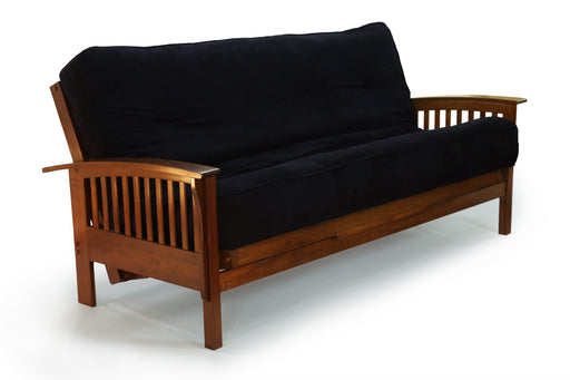 Black walnut Winchester futon frame by Night & Day Furniture, featuring sleek armrests and sturdy wood construction.