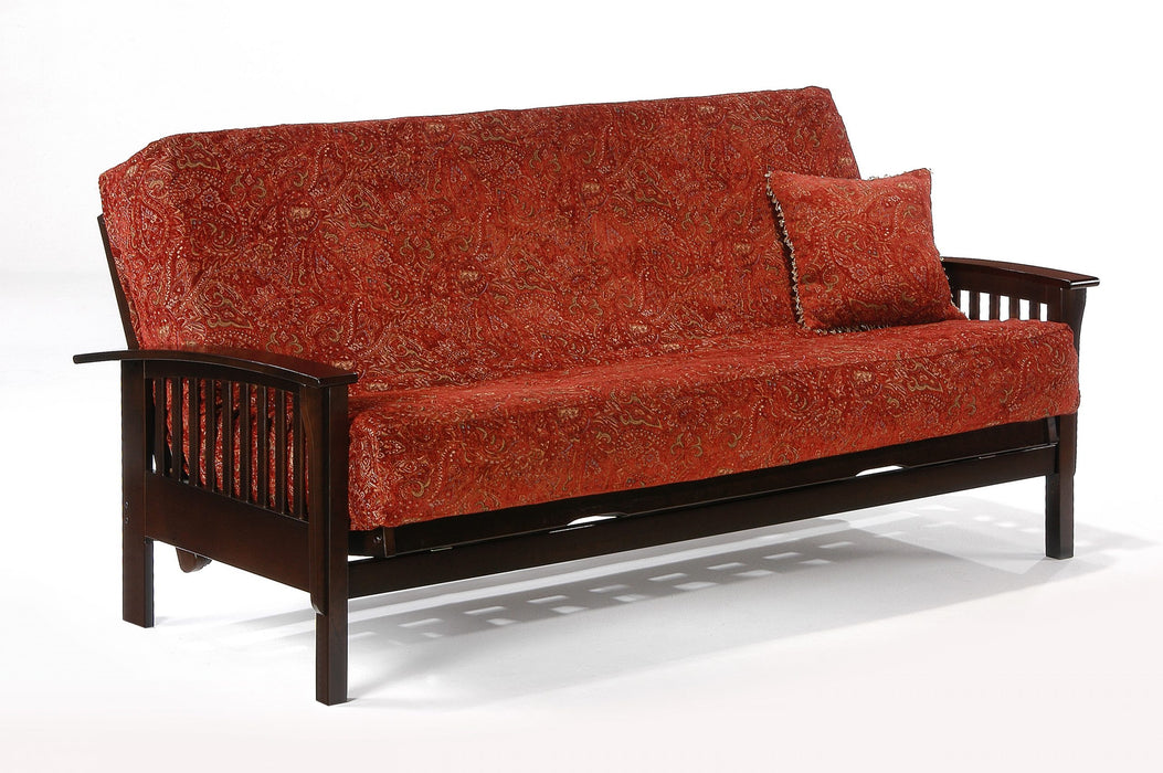 Dark chocolate Night & Day Furniture Winchester futon frame with armrests, shown in a compact, modern design.