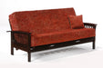 Dark chocolate Night & Day Furniture Winchester futon frame with armrests, shown in a compact, modern design.