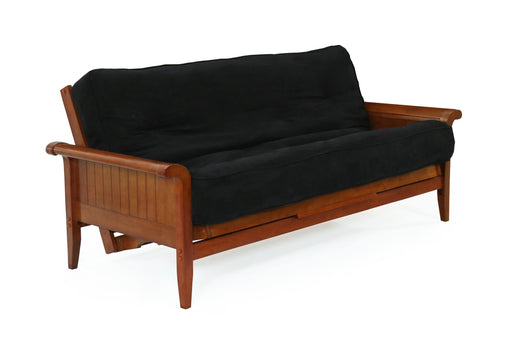 Night & Day Furniture Venice Moonglider futon frame with cherry finish, showcasing the armrests and sleek wooden design.