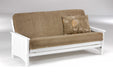 White Key West Moonglider futon frame by Night & Day Furniture, showing the sleek metal arm and modern design.