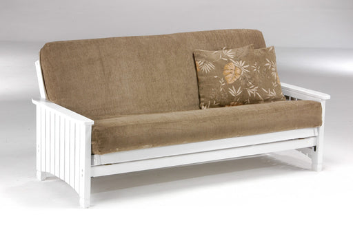 White Key West Moonglider futon frame by Night & Day Furniture, showing the sleek metal arm and modern design.