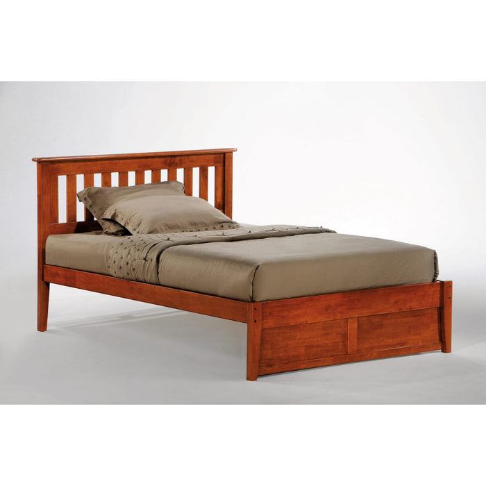 Night & Day Furniture Rosemary full platform bed with a sleek wooden frame and modern design, shown in a cozy bedroom setting.