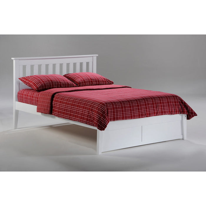 Night & Day Furniture Rosemary full platform bed with white finish, showcasing a sleek frame and clean design in a bedroom setting.