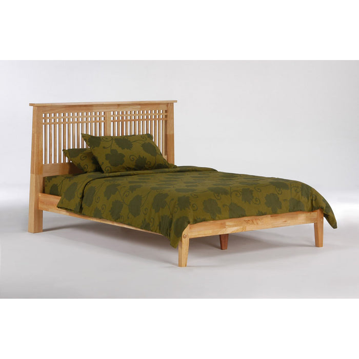 Night & Day Furniture Solstice full platform bed with clean lines and wooden finish, shown in a modern bedroom setting.