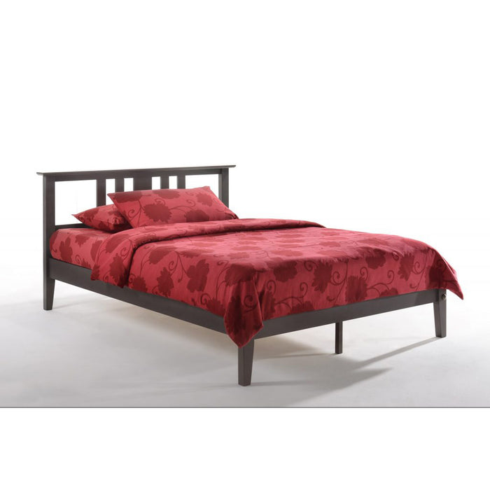 Night & Day Furniture Thyme low profile full platform bed with clean lines and sturdy wooden frame, shown in a bedroom setting.