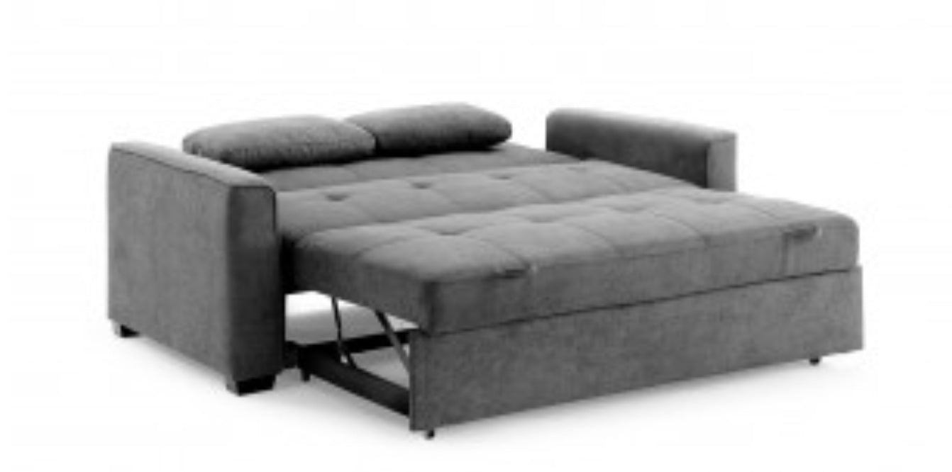Light gray Nantucket Queen sleeper sofa by Night & Day Furniture, showing a modern fabric sofa with a pulled-out bed.