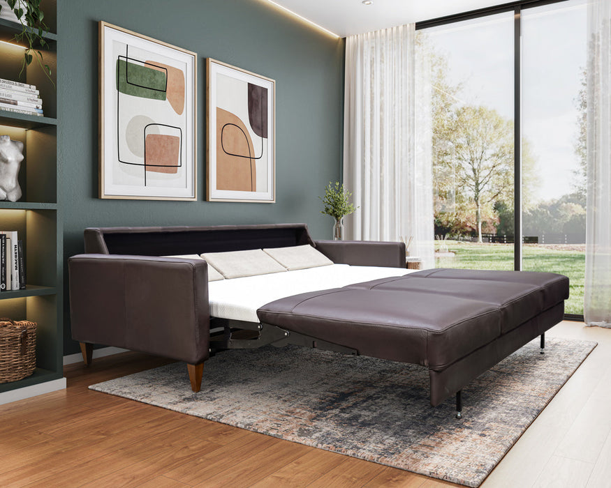 Omnia Leather Slofa The Bliss sectional sleeper sofa with storage chaise on the right, featuring plush cushions and modern design.