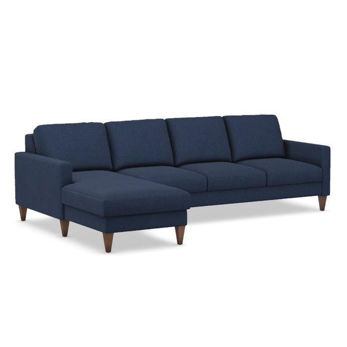 Omnia Leather Slofa The Bliss sectional sleeper sofa with storage chaise on the left, featuring plush cushions and modern design.
