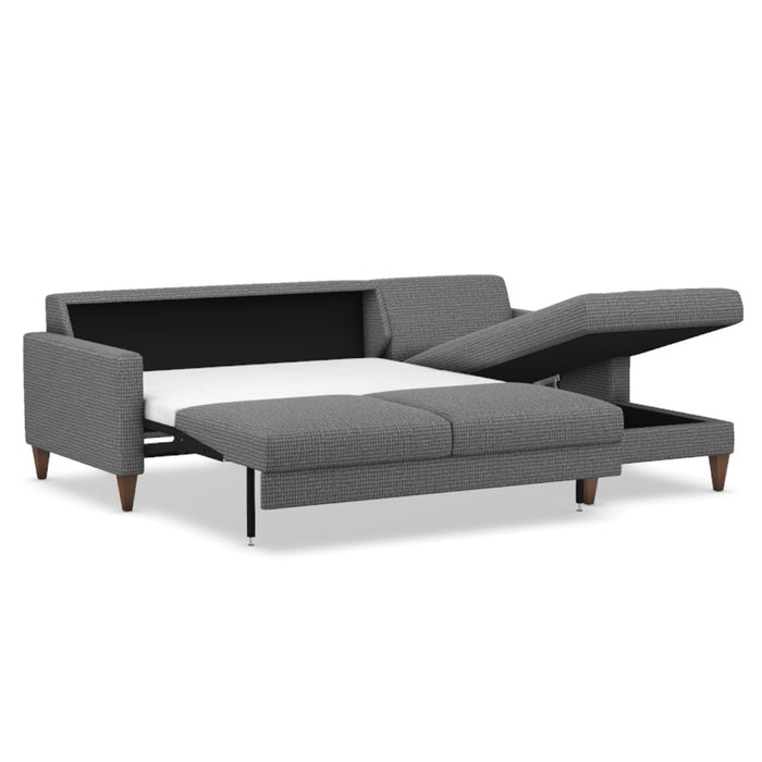 Omnia Leather Slofa Bliss sectional sleeper sofa with storage chaise on the right, featuring plush cushions and modern design.