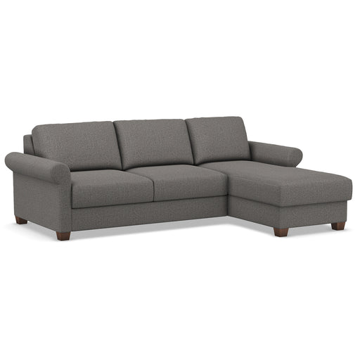 Omnia Leather Slofa sectional sleeper sofa with storage chaise on the right, featuring plush cushions and modern design.
