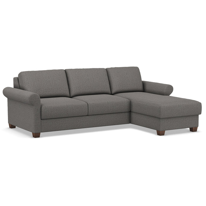 Omnia Leather Slofa sectional sleeper sofa with storage chaise on the right, featuring plush cushions and modern design.