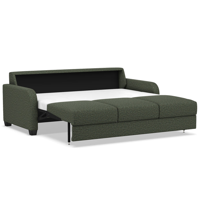 Omnia Leather Slofa Dove sectional sleeper sofa with storage chaise on the left, upholstered in soft dove-gray leather.