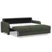 Omnia Leather Slofa Dove sectional sleeper sofa with storage chaise on the left, upholstered in soft dove-gray leather.