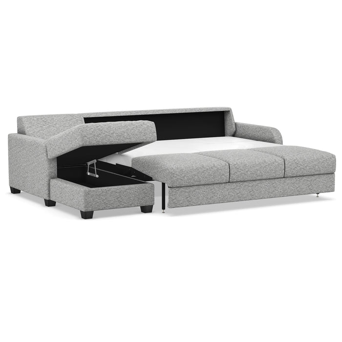 Omnia Leather Slofa Dove sectional sleeper sofa with storage chaise on the left, featuring plush upholstery and modern design.