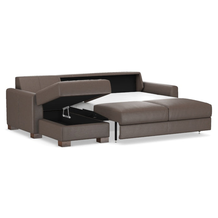 Omnia Leather Slofa Eden sectional sleeper sofa with storage chaise on the left, featuring plush upholstery and modern design.