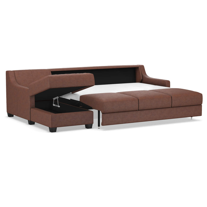 Omnia Leather Slofa Joy sectional sleeper sofa with storage chaise on the left, featuring plush cushions and stylish design.