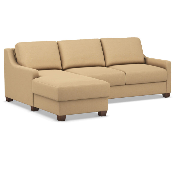 Omnia Leather Slofa Joy sectional sleeper sofa with storage chaise on the left, featuring plush upholstery and modern design.
