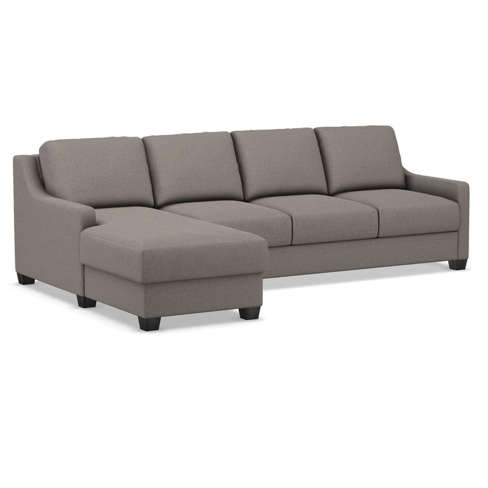 Omnia Leather Slofa Joy sectional sleeper sofa with storage chaise on the left, featuring plush cushions and modern design.