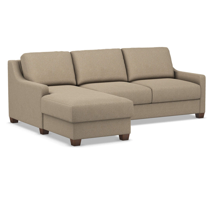 Omnia Leather Slofa Joy sectional sleeper sofa with storage chaise on the left, featuring plush cushions and modern design.
