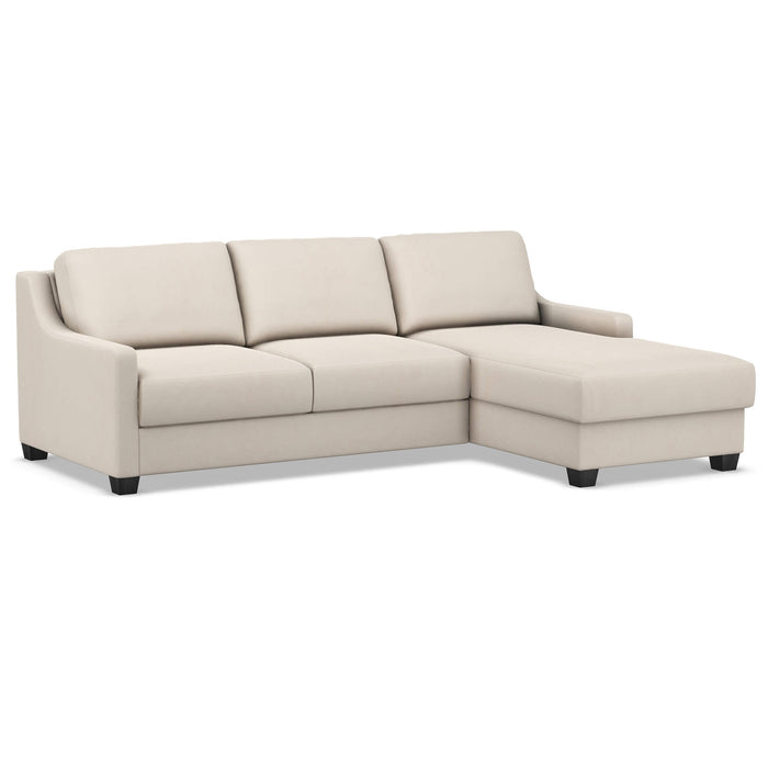 Omnia Leather Slofa Joy sectional sleeper sofa with storage chaise on the right, featuring plush upholstery and modern design.