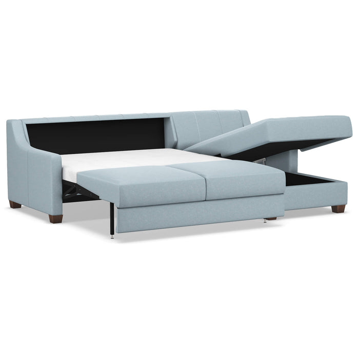 Omnia Leather Slofa Joy sectional sleeper sofa with storage chaise on the right, modern design, upholstered in leather.
