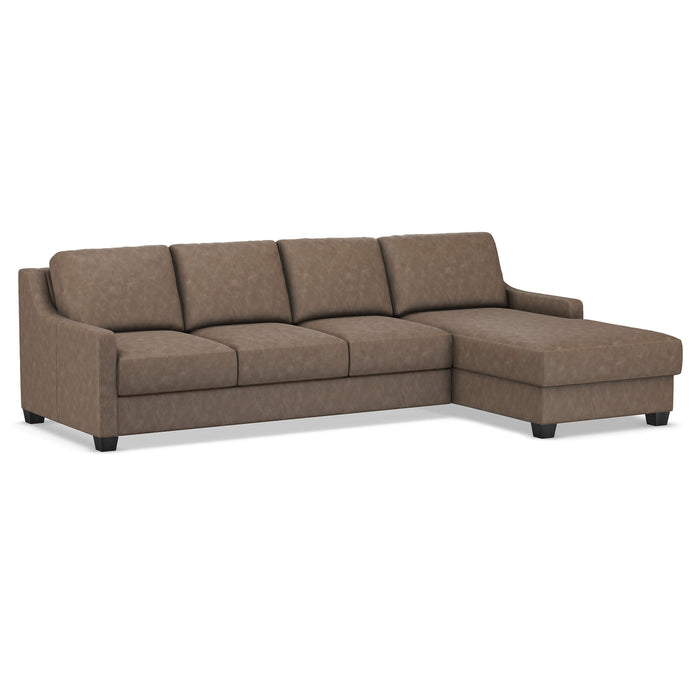 Omnia Leather Slofa Joy sectional sleeper sofa with storage chaise on the right, featuring plush cushions and modern design.