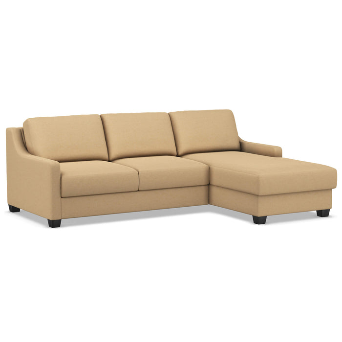 Omnia Leather Slofa Joy sectional sleeper sofa with storage chaise on the right, featuring plush cushions and modern design.