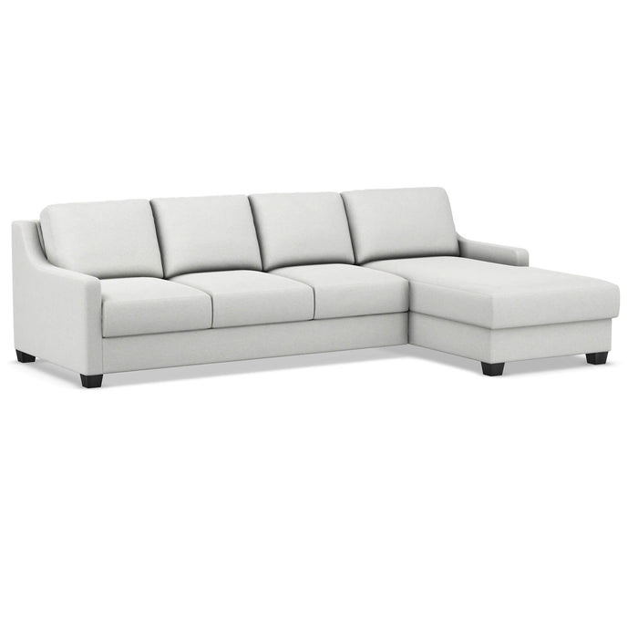Omnia Leather Slofa Joy sectional sleeper sofa with storage chaise on the right, featuring plush cushions and modern design.
