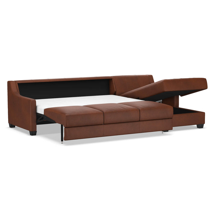 Omnia Leather Slofa Joy sectional sleeper sofa with storage chaise on the right, featuring plush cushions and modern design.