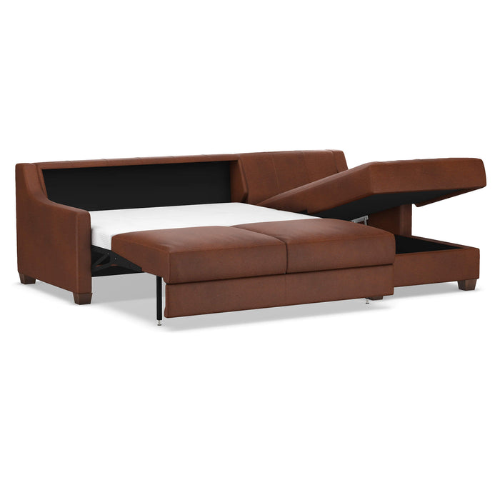 Omnia Leather Slofa Joy sectional sleeper sofa with storage chaise on the right, featuring plush cushions and modern design.