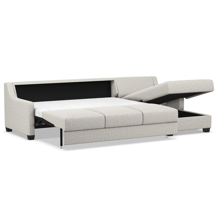Omnia Leather Slofa Joy sectional sleeper sofa with storage chaise on the right, featuring plush cushions and modern design.