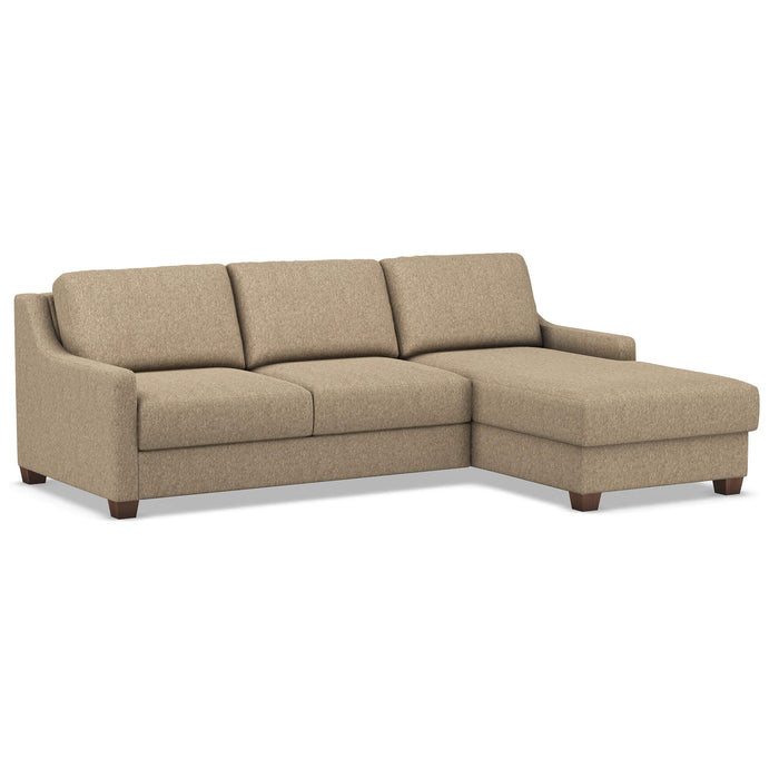 Omnia Leather Slofa Joy sectional sleeper sofa with storage chaise on the right, featuring plush cushions and modern design.
