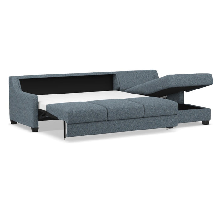 Omnia Leather Slofa Joy sectional sleeper sofa with storage chaise on the right, featuring plush cushions and modern design.