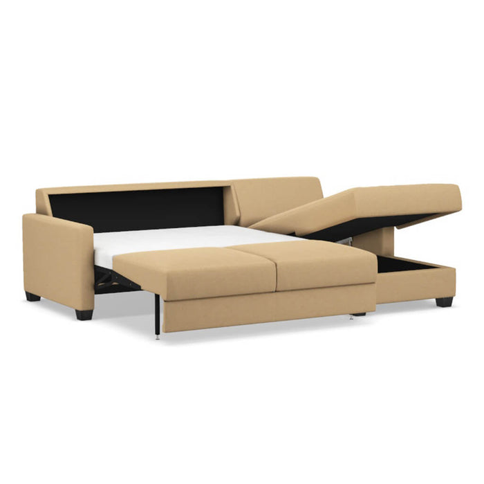 Omnia Leather Slofa Karma sectional sleeper sofa with storage chaise on the right, featuring plush upholstery and modern design.