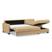 Omnia Leather Slofa Karma sectional sleeper sofa with storage chaise on the right, featuring plush upholstery and modern design.