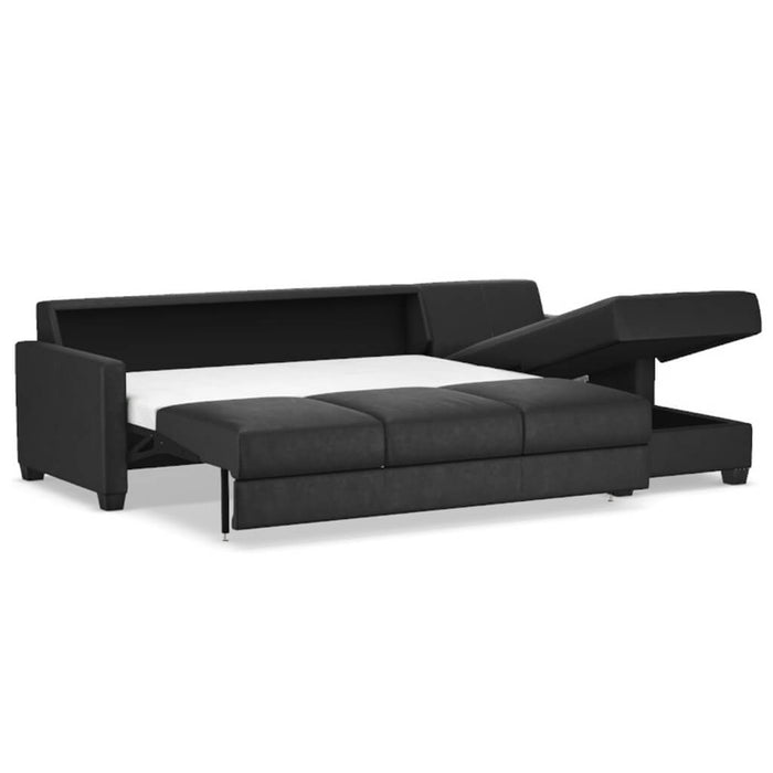 Omnia Leather Slofa Karma sectional sleeper sofa with storage chaise on the right, featuring plush fabric and modern design.