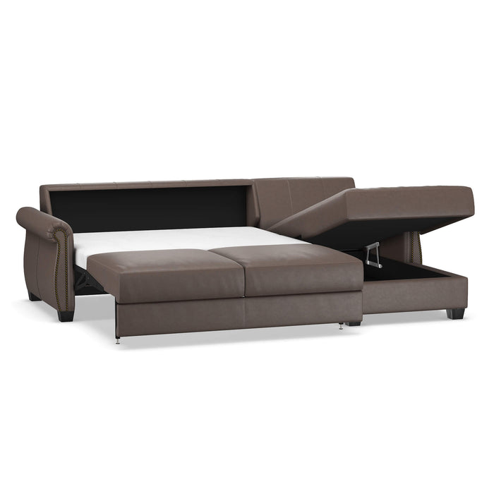 Omnia Leather Slofa Oasis sectional sleeper sofa with storage chaise on the right, featuring plush upholstery and modern design.