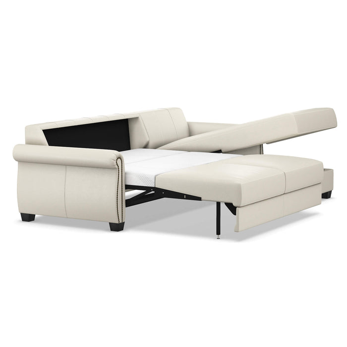 Omnia Leather Slofa Oasis sectional sleeper sofa with storage chaise on the right, featuring plush upholstery and modern design.