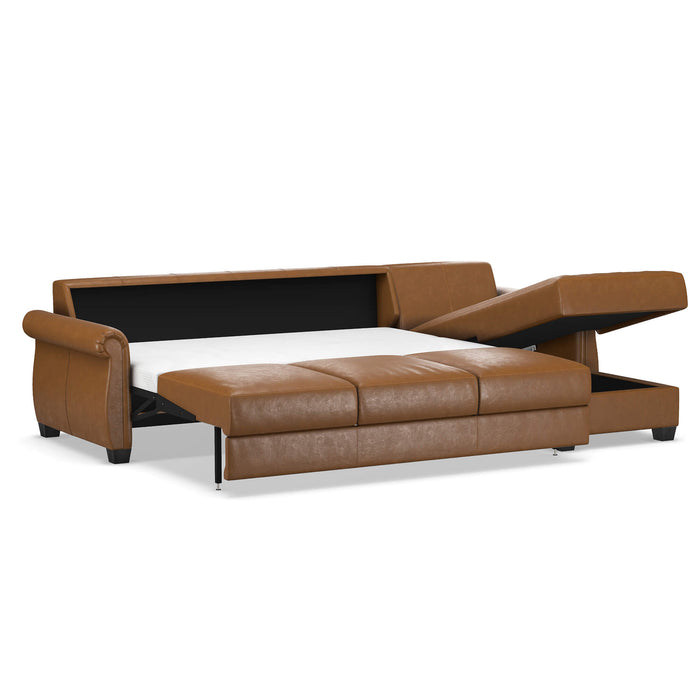 Omnia Leather Slofa Oasis sectional sleeper sofa with storage chaise on the right, featuring plush cushions and modern design.