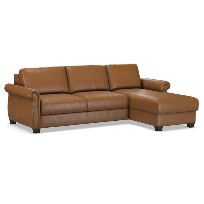 Omnia Leather Slofa Oasis sectional sleeper sofa with storage chaise on the right, featuring plush upholstery and modern design.