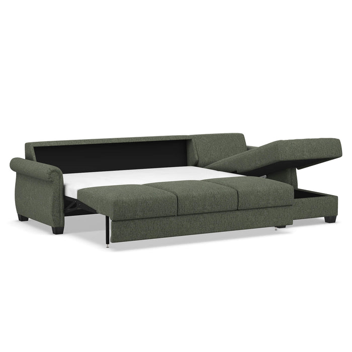 Omnia Leather Slofa Oasis sectional sleeper sofa with storage chaise on the right, featuring plush upholstery and modern design.