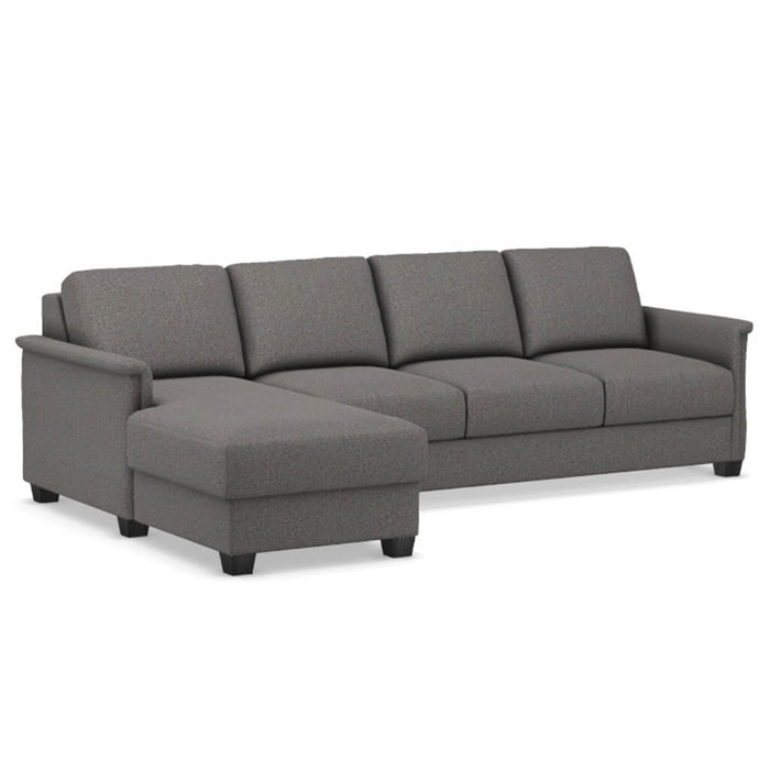 Omnia Leather Slofa The Retreat sectional sleeper sofa with left storage chaise, beige upholstery, and modern design.