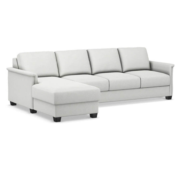 Omnia Leather Slofa The Retreat sectional sleeper sofa with storage chaise on the left, featuring plush cushions and modern design.