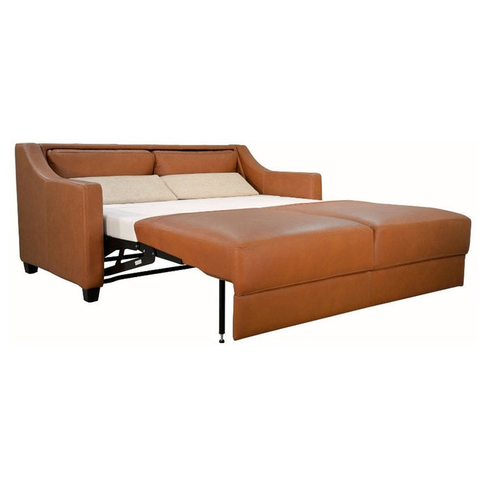 Omnia Leather Slofa The Joy sleeper sofa in a modern fabric with a comfortable design and neutral color, ideal for small living spaces.