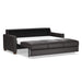 Omnia Leather Slofa Karma sleeper sofa in gray fabric with wooden legs, showing its open bed and modern design.