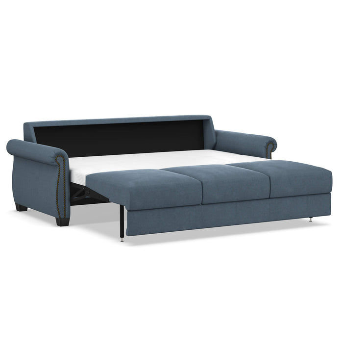 Omnia Leather Slofa Oasis sleeper sofa with plush fabric upholstery, featuring a modern design and convertible sleeping space.