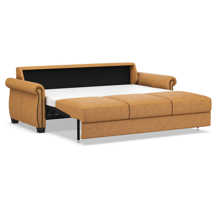 Omnia Leather Slofa Oasis sleeper sofa with beige upholstery and modern design, featuring plush cushions and a convertible sleeping surface.